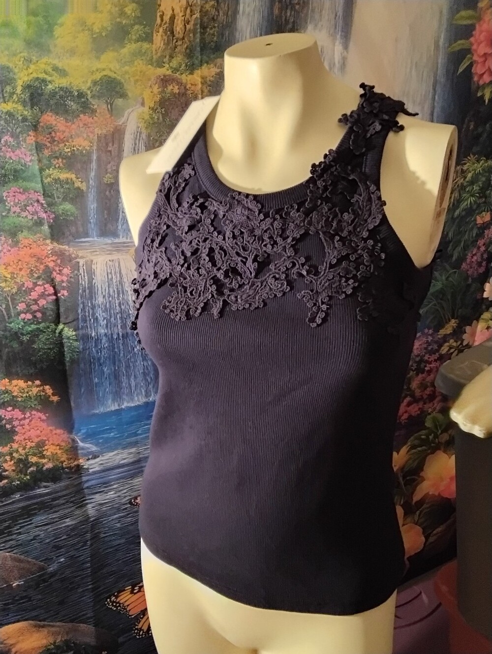 Caroline Constas women’s size medium navy tank top lace accents New with Tags